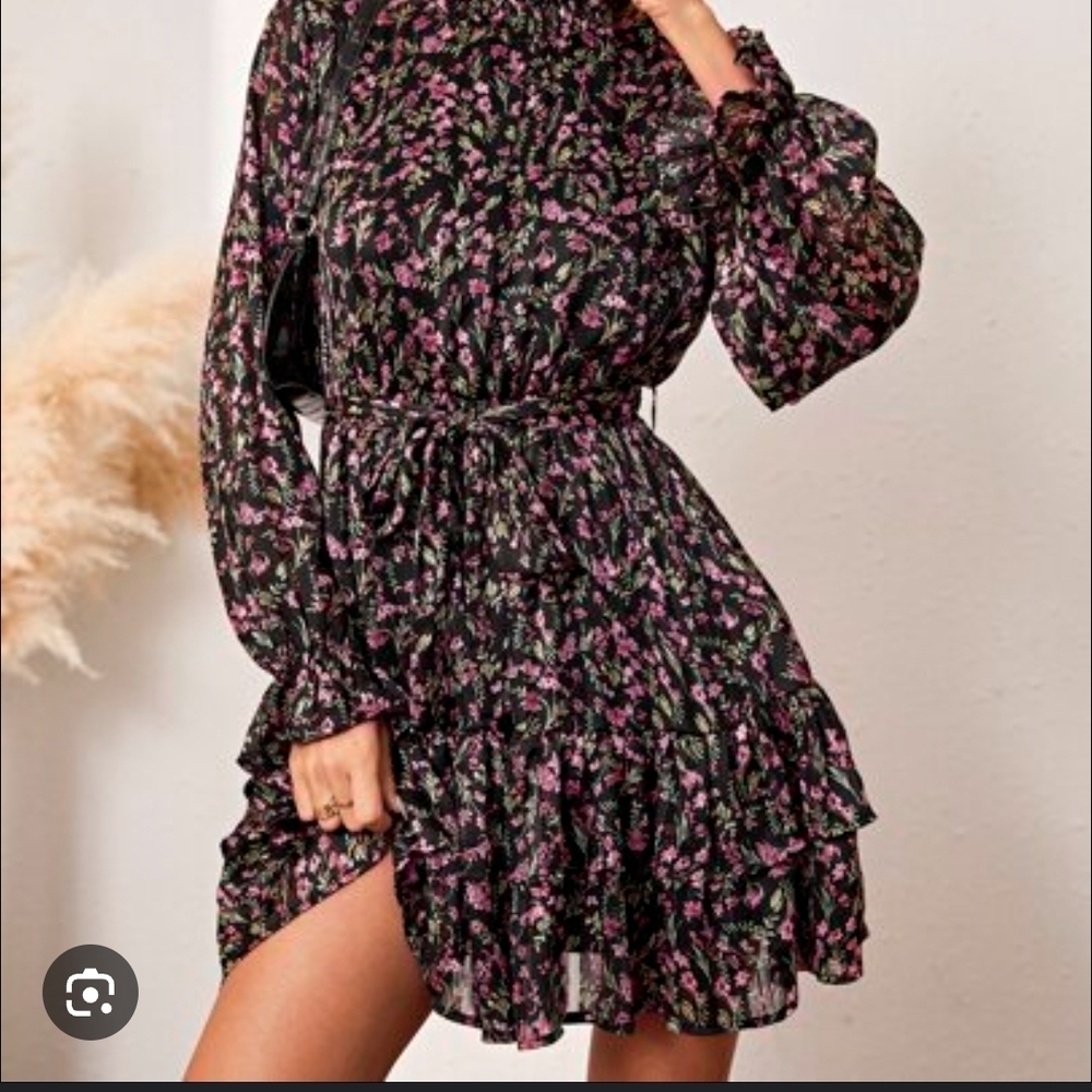 Lucy Paris Black and Pink Floral Long Sleeve Dress Small 1370